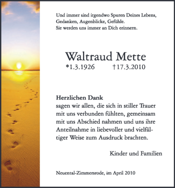 Traueranzeige von Waltraud Mette von HNA