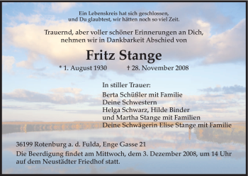 Traueranzeige von Fritz Stange von HNA