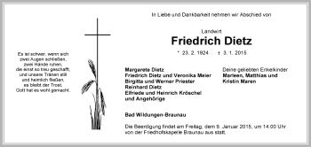 Traueranzeige von Friedrich Dietz von HNA