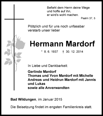 Traueranzeige von Hermann Mardorf von HNA