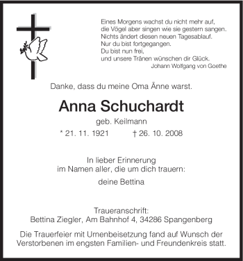 Traueranzeige von Anna Schuchardt von HNA