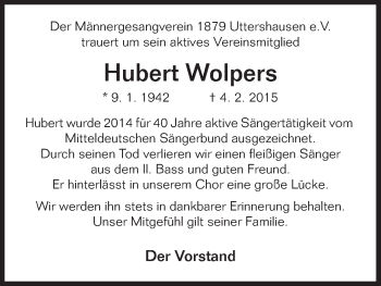 Traueranzeige von Hubert Wolpers von HNA