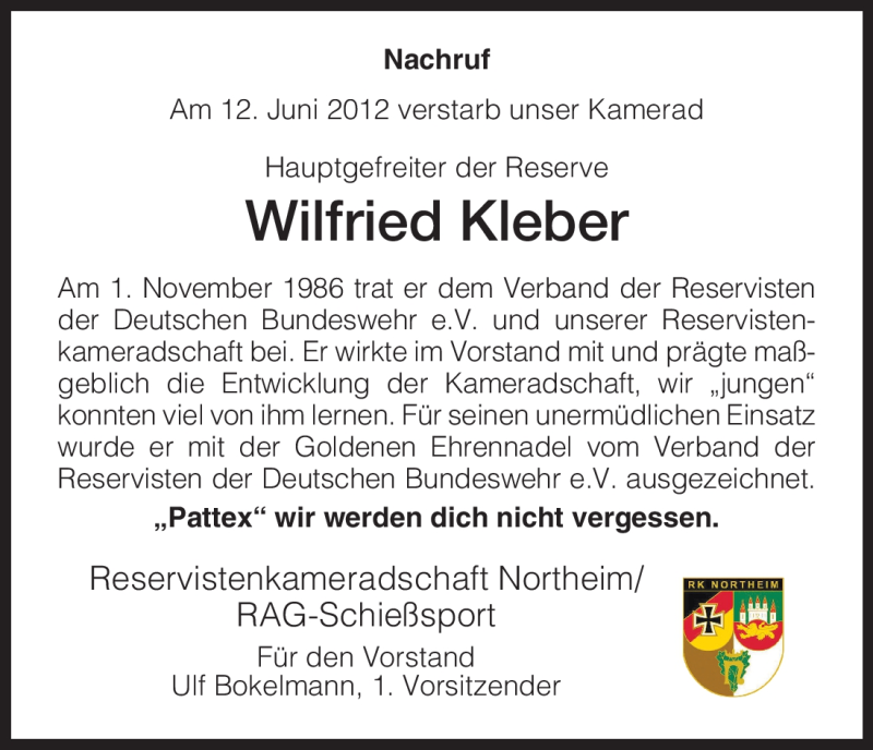  Traueranzeige für Wilfried Kleber vom 19.06.2012 aus HNA