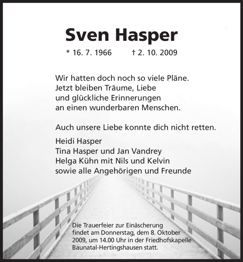  Traueranzeige für Sven Hasper vom 07.10.2009 aus HNA