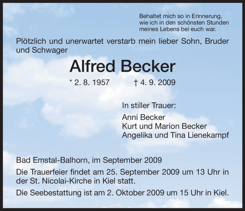  Traueranzeige für Alfred Becker vom 12.09.2009 aus HNA