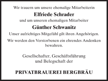 Traueranzeige von Günther Schwanitz Elfriede Schrader von HNA