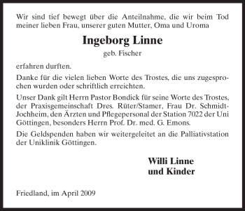Traueranzeige von Ingeborg Linne von HNA