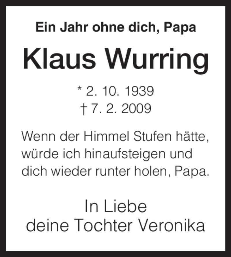  Traueranzeige für Klaus Wurring vom 06.02.2010 aus HNA
