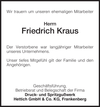 Traueranzeige von Friedrich Kraus von HNA
