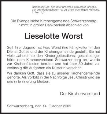 Traueranzeige von Lieselotte Worst von HNA