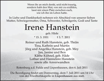 Traueranzeige von Irene Hanstein von HNA