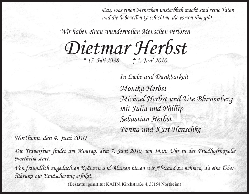  Traueranzeige für Dietmar Herbst vom 04.06.2010 aus HNA