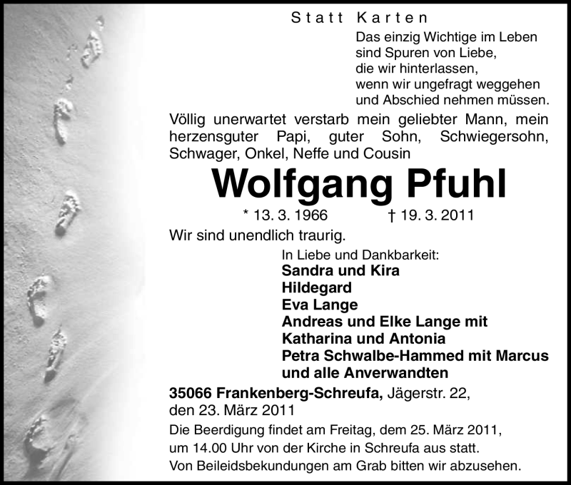  Traueranzeige für Wolfgang Pfuhl vom 23.03.2011 aus HNA