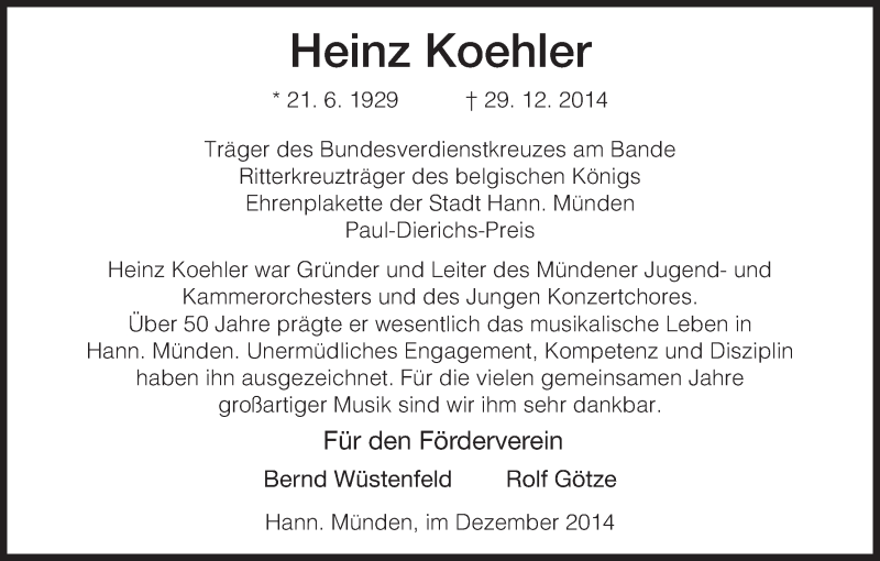  Traueranzeige für Heinz Koehler vom 03.01.2015 aus HNA