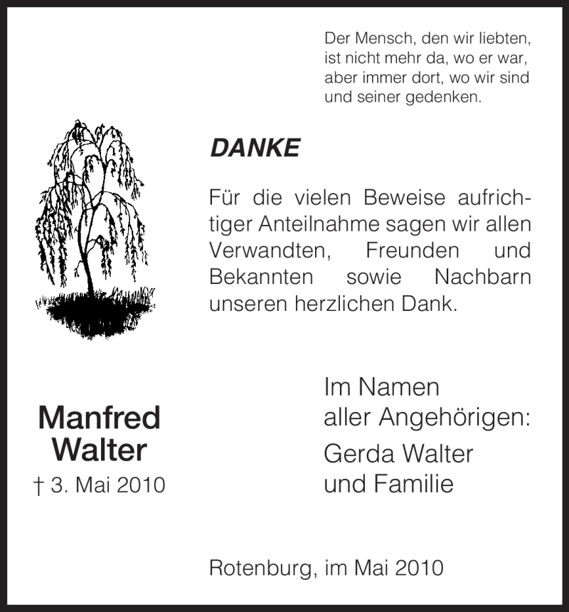  Traueranzeige für Manfred Walter vom 22.05.2010 aus HNA