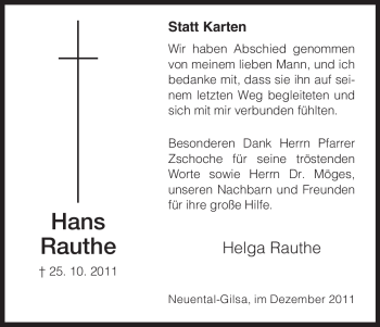 Traueranzeige von Hans Rauthe von HNA