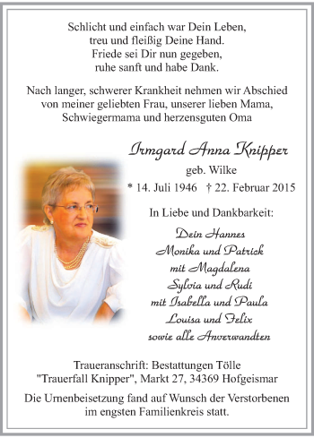 Traueranzeige von Irmgard Anna Knipper von HNA