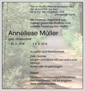 Traueranzeige von Anneliese Müller von HNA