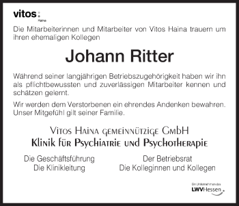 Traueranzeige von Johann Ritter von HNA