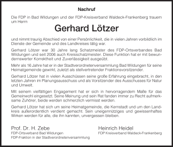 Traueranzeige von Gerhard Lötzer von HNA