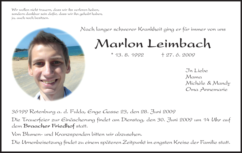  Traueranzeige für Marlon Leimbach vom 29.06.2009 aus HNA
