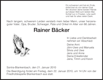 Traueranzeige von Rainer Bäcker von HNA