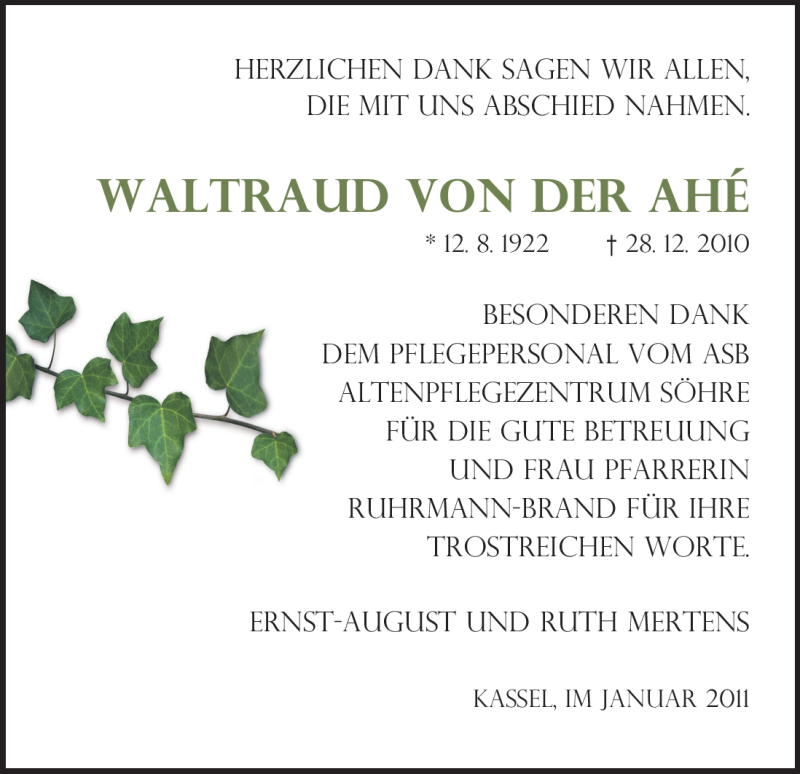  Traueranzeige für Waltraud von der Ahé vom 22.01.2011 aus HNA