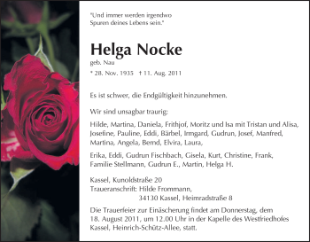 Traueranzeige von Helga Nocke von HNA