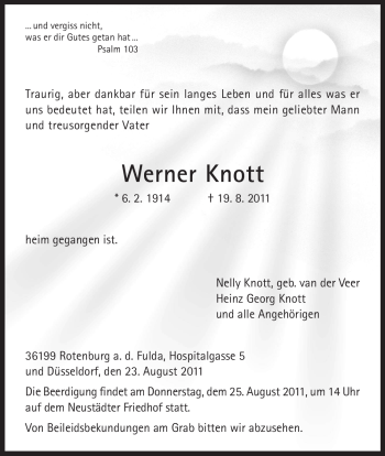 Traueranzeige von Werner Knott von HNA
