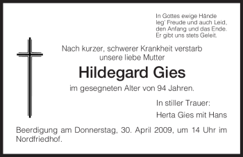Traueranzeige von Hildegard Gies von HNA