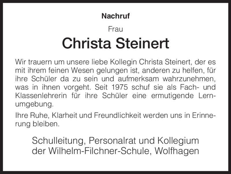 Traueranzeige für Christa Steinert vom 01.12.2010 aus HNA