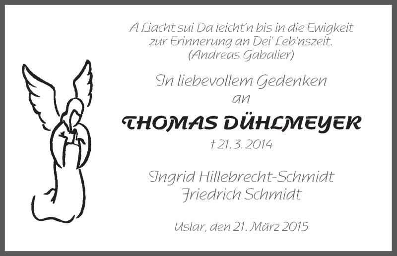  Traueranzeige für Thomas Dühlmeyer vom 21.03.2015 aus HNA