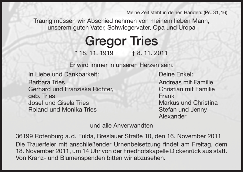  Traueranzeige für Gregor Tries vom 16.11.2011 aus HNA