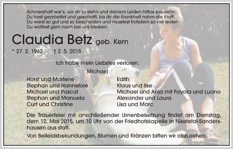  Traueranzeige für Claudia Betz vom 11.05.2015 aus HNA