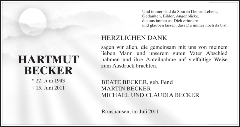  Traueranzeige für Hartmut Becker vom 23.07.2011 aus HNA