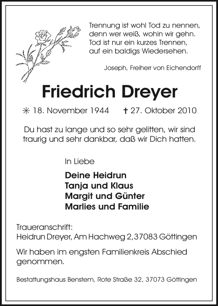 Traueranzeigen Von Friedrich Dreyer | Trauer.HNA.de