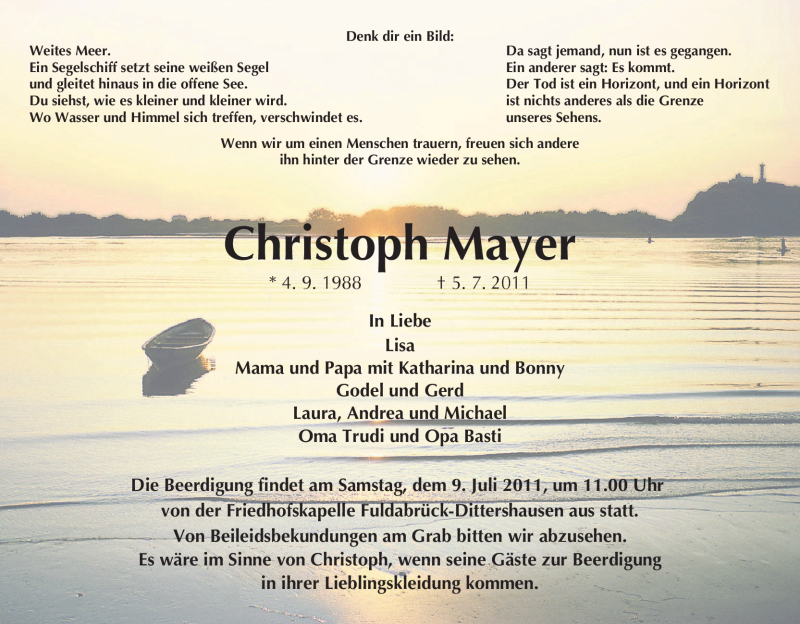  Traueranzeige für Christoph Mayer vom 07.07.2011 aus HNA
