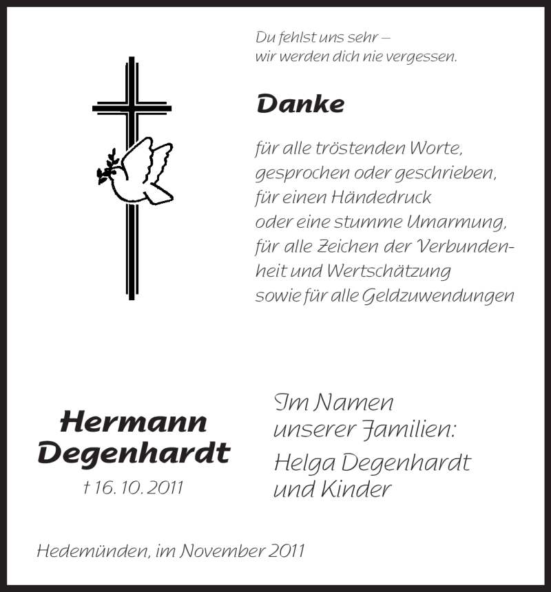  Traueranzeige für Hermann Degenhardt vom 12.11.2011 aus HNA