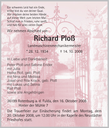 Traueranzeige von Richard Ploß von HNA