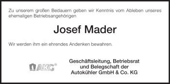 Traueranzeige von Josef Mader von HNA