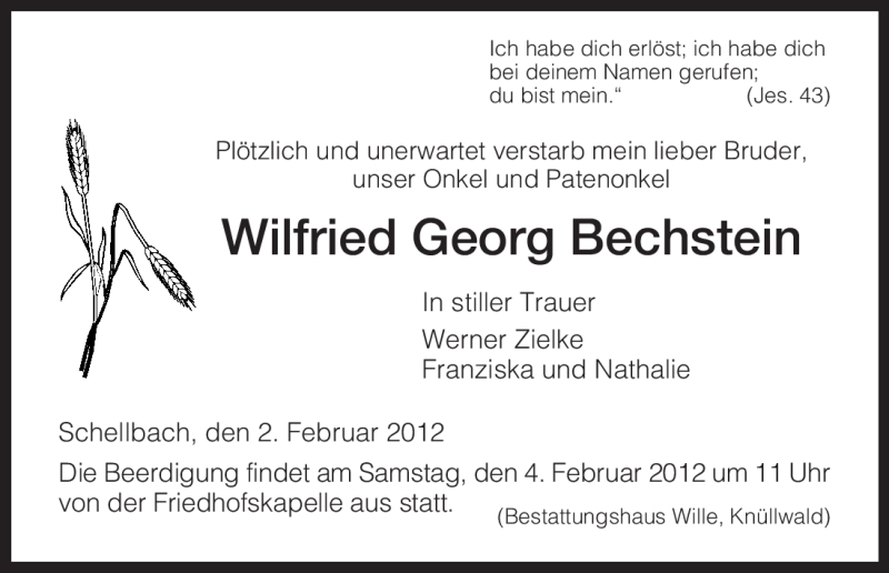  Traueranzeige für Wilfried Georg Bechstein vom 02.02.2012 aus HNA