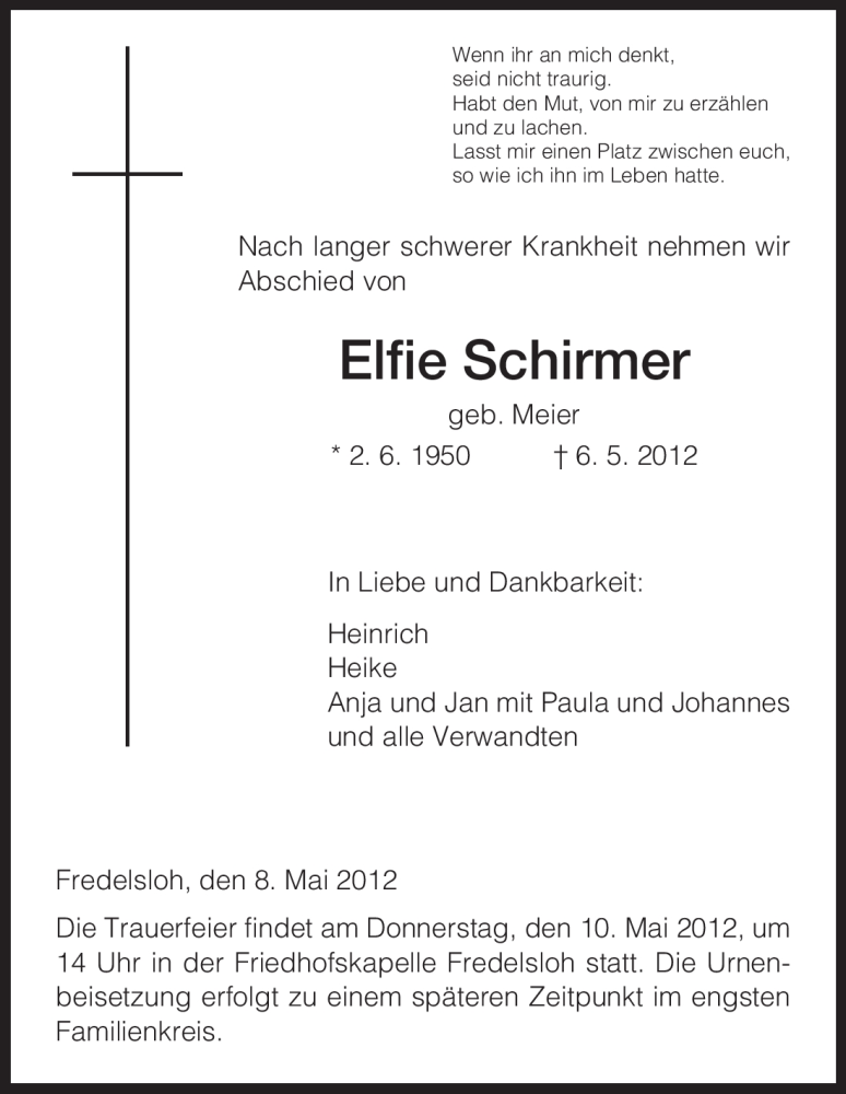  Traueranzeige für Elfie Schirmer vom 08.05.2012 aus HNA