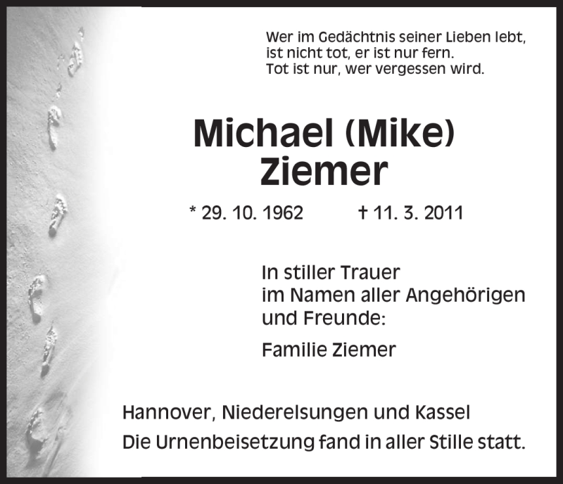  Traueranzeige für Michael Ziemer vom 26.03.2011 aus HNA