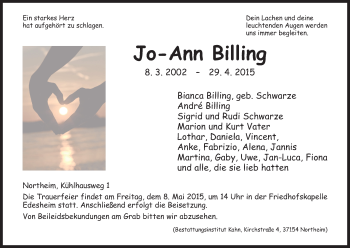 Traueranzeige von Jo-Ann Billing von HNA