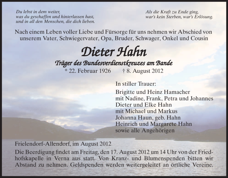  Traueranzeige für Dieter Hahn vom 11.08.2012 aus HNA