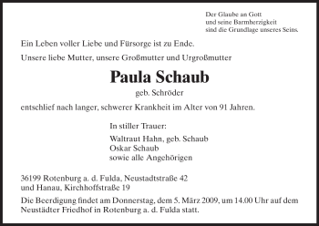 Traueranzeige von Paula Schaub von HNA