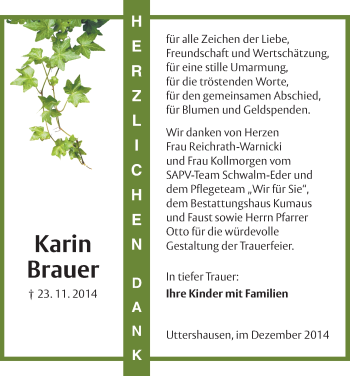 Traueranzeige von Karin Brauer von HNA