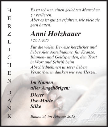 Traueranzeige von Anni Holzhauer von HNA