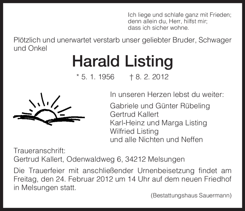  Traueranzeige für Harald Listing vom 22.02.2012 aus HNA