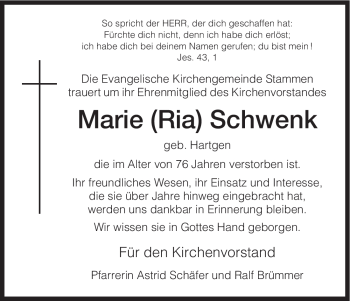 Traueranzeige von Marie Schwenk von HNA